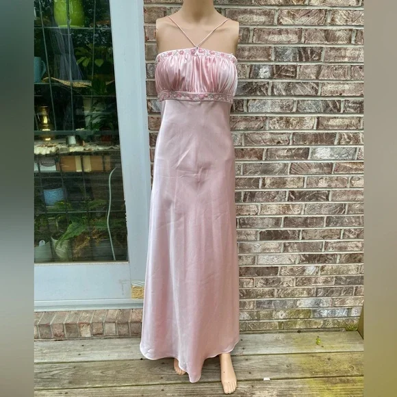 Vintage 90s Pastel Pink Beaded Halter/Multi Way Prom Formal Dress